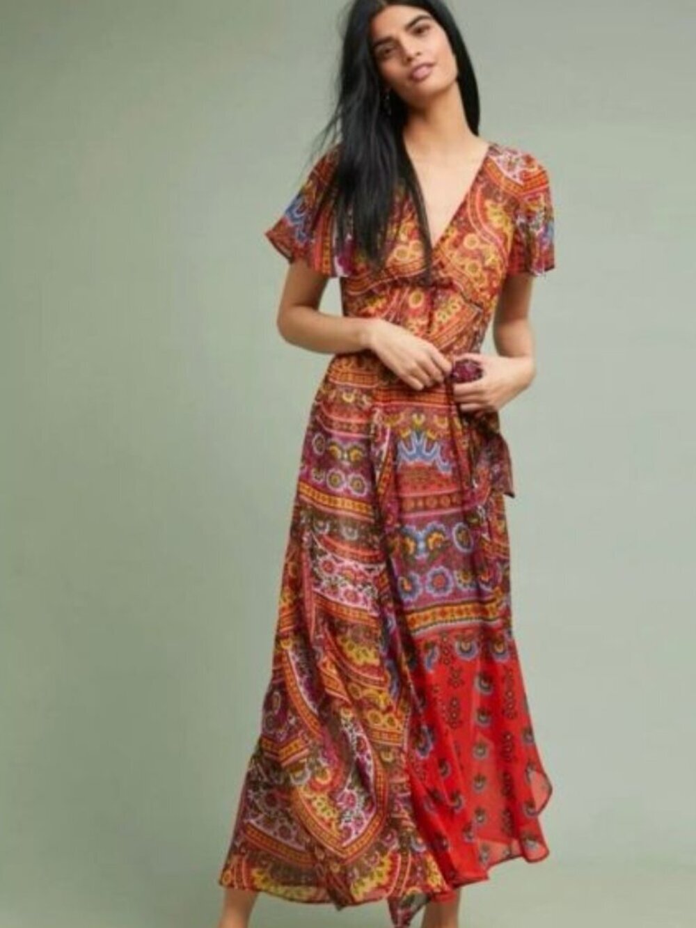 Anthropologie Akemi + Kin Murol Wrap Maxi Dress Paisley Boho Size 16 Women’s